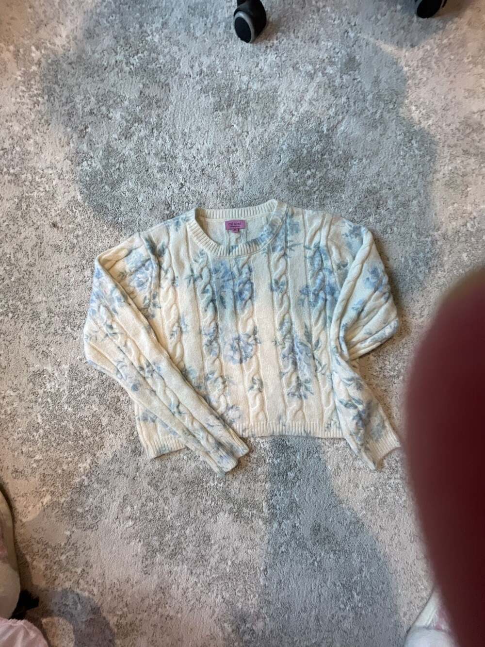 mi ami for francesca's Cream and Blue Floral Cable Knit Sweater
